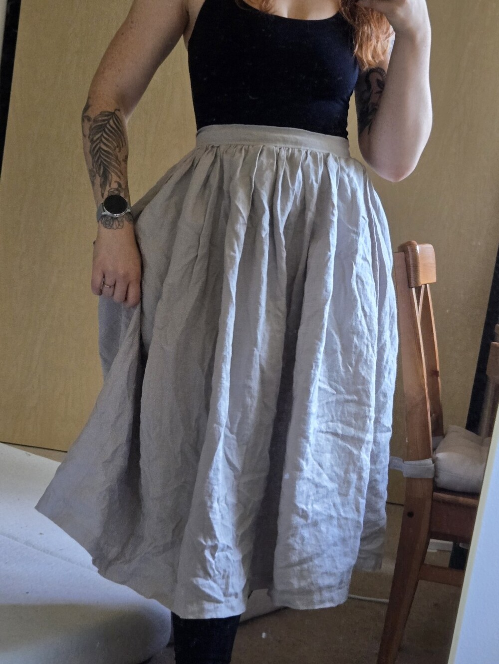 handmade gathered Gray 100% linen midi skirt S